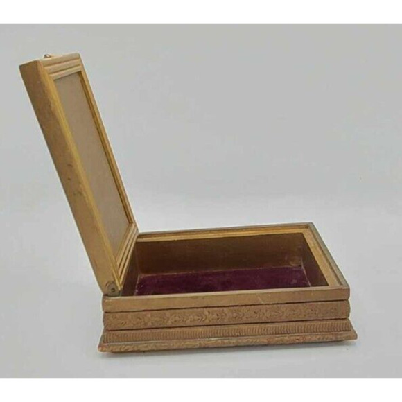 Antique 1920s Hand Carved Wood Jewelry Box French Victorian Print. Velvet Lining - Picture 5 of 16